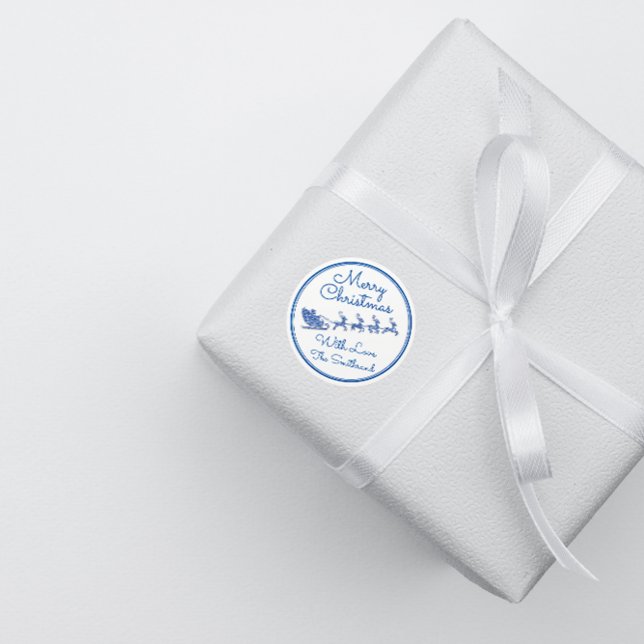 Merry Christmas Name Grey Sleigh Santa Deer White Classic Round Sticker (Merry Christmas Name Gray Sleigh Santa Deer White Classic Round Sticker)