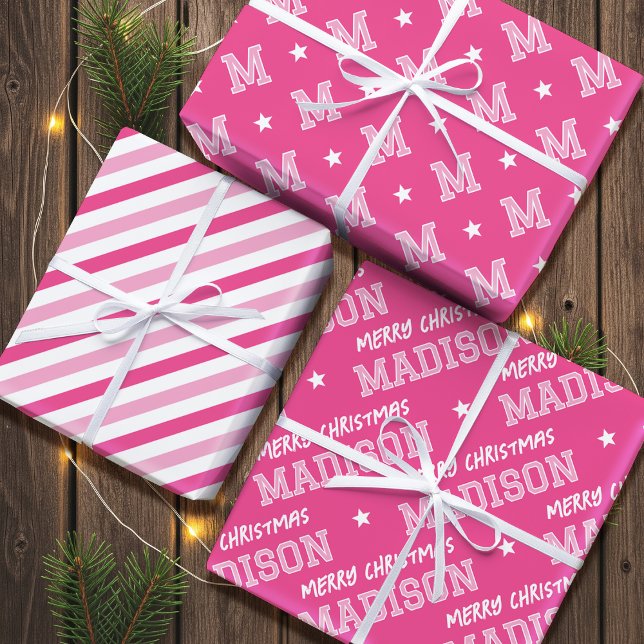 Merry Christmas Name Monogram Pink Teen Girl Wrapping Paper Sheet (Creator Uploaded)