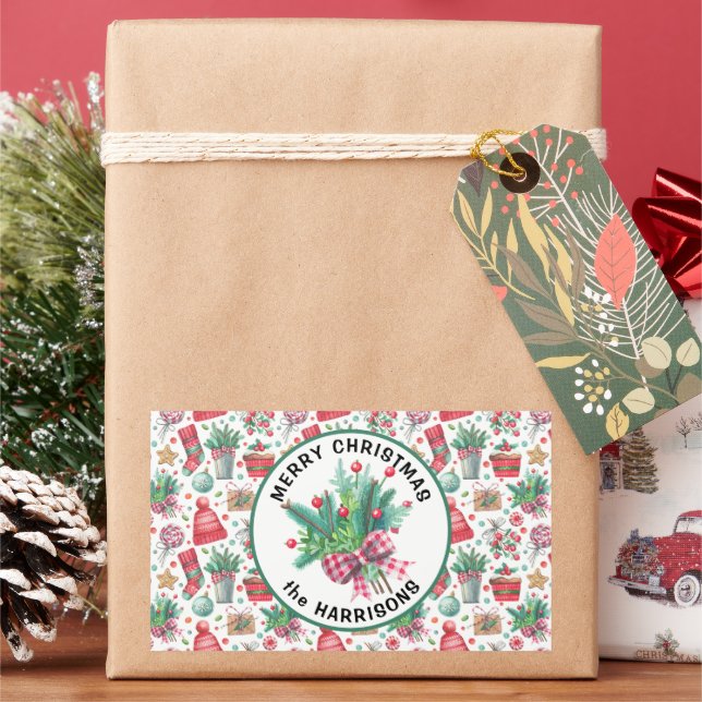 Merry Christmas & Name on 4 Holiday Pattern Rectangular Sticker (Holiday)