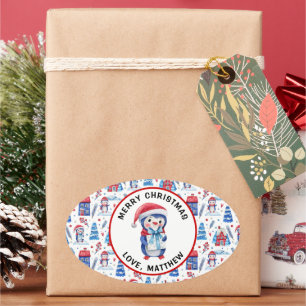 Merry Christmas & Name on 4 Penguin Pattern Oval Sticker