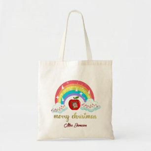 Merry Christmas Name Personalised Teacher Gift Tote Bag