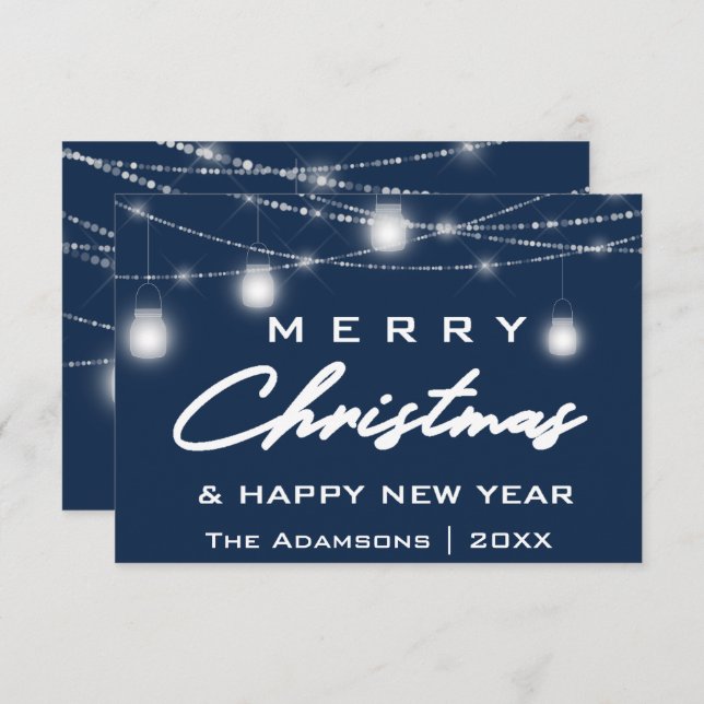 Merry Christmas Name Photo Lights  Blue Navy Invitation (Front/Back)