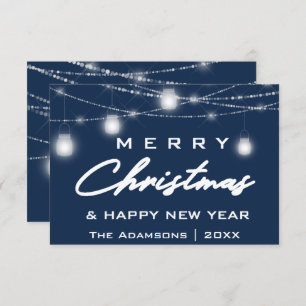 Merry Christmas Name Photo Lights  Blue Navy Invitation