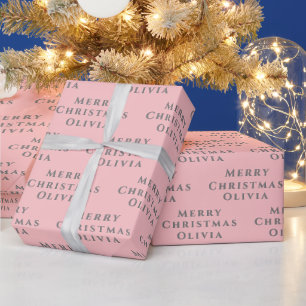 Merry Christmas Name Pink Grey Simple Modern Wrapping Paper