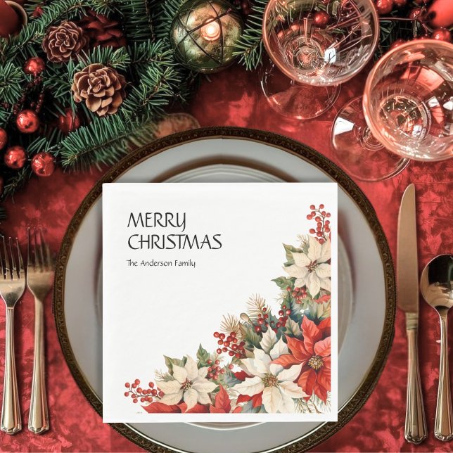 Merry Christmas Name Poinsettias  Napkin (Creator Uploaded)