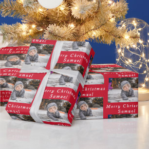 Merry Christmas Name Red White Photo Collage Wrapping Paper