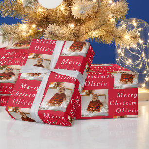 Merry Christmas Name Red White Photo Collage Wrapping Paper