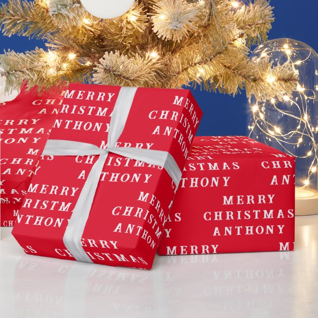 Merry Christmas Name Red White Simple Modern Wrapping Paper (Holidays)