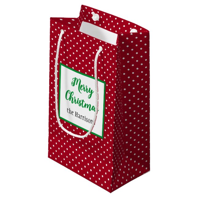 Merry Christmas, Name, Red & White Swiss Dots Small Gift Bag (Front Angled)