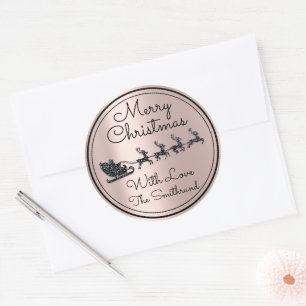 Merry Christmas Name Rose Blue Sleigh Black Santa Classic Round Sticker