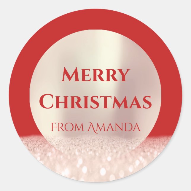 Merry Christmas Name Rose Red Glitter Spark Classic Round Sticker (Front)