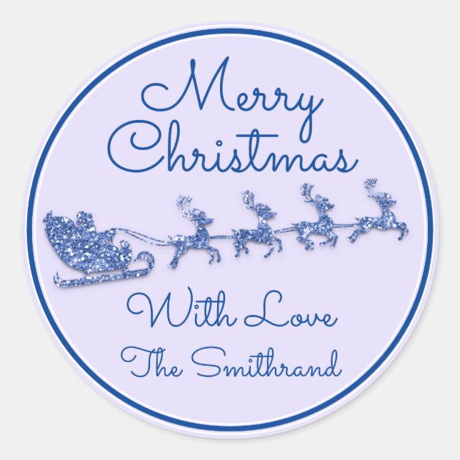 Merry Christmas Name Sleigh Santa Deer Blue Purple Classic Round Sticker (Front)