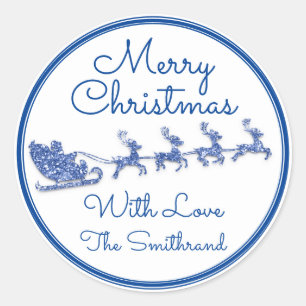 Merry Christmas Name Sleigh Santa Deer Blue White Classic Round Sticker
