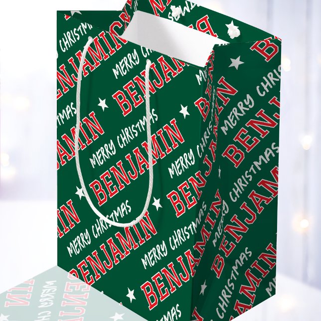 Merry Christmas Name Typography Green Red Medium Gift Bag (Creator Uploaded)