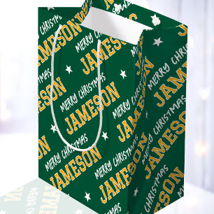 Merry Christmas Name Typography Green Yellow Medium Gift Bag