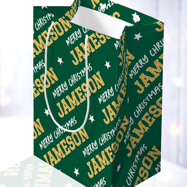 Merry Christmas Name Typography Green Yellow Medium Gift Bag (Creator Uploaded)
