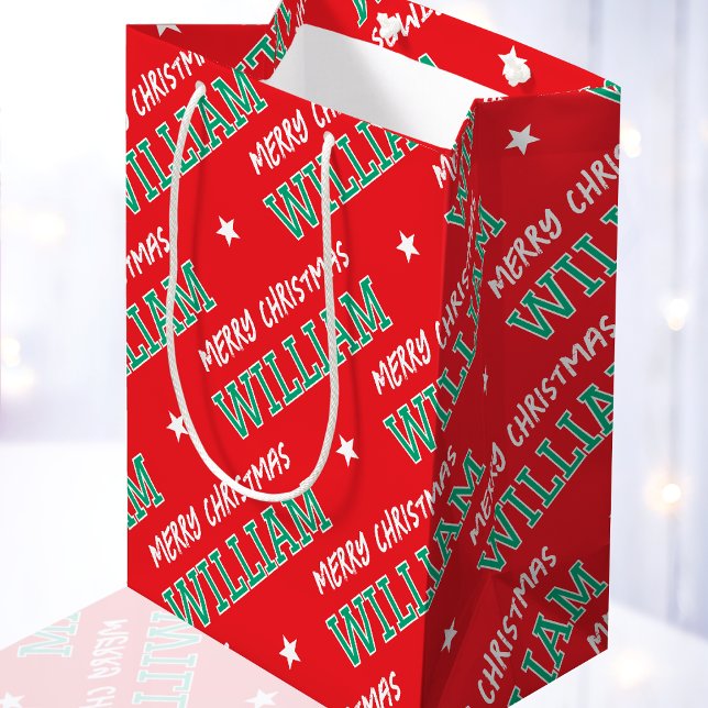 Merry Christmas Name Typography Red Green Medium Gift Bag (Creator Uploaded)