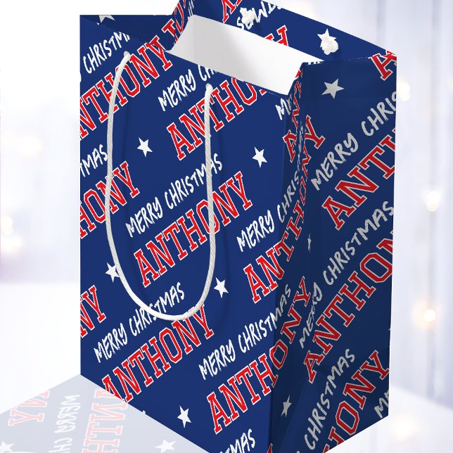 Merry Christmas Name Typography Red Navy Blue Medium Gift Bag (Creator Uploaded)