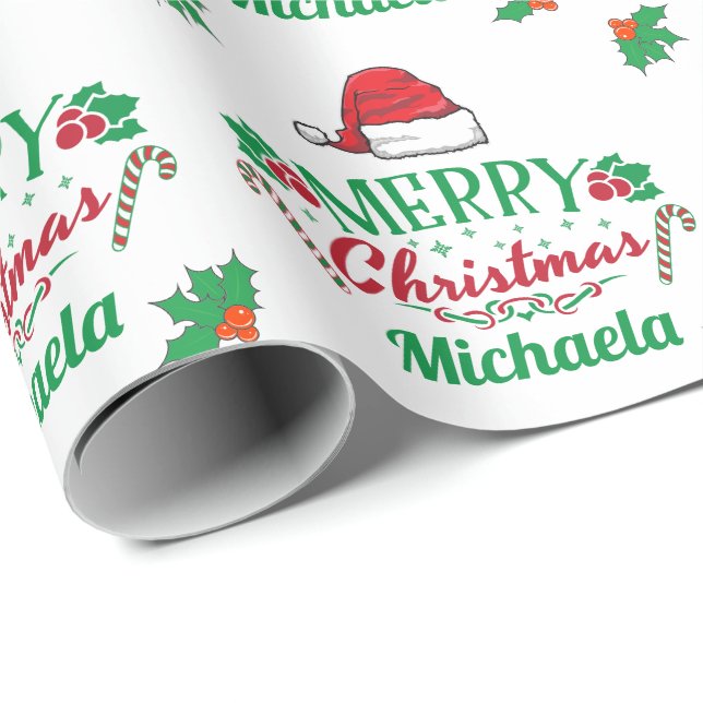 Merry Christmas Name w Santa Hat Candy Canes Holly Wrapping Paper (Roll Corner)