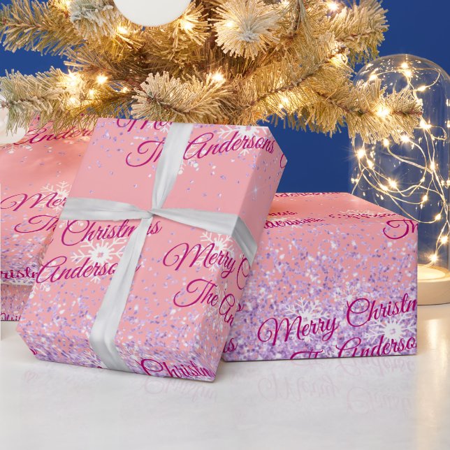 Merry Christmas, Names, Fuchsia Script, Glitter Wrapping Paper (Holidays)
