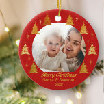 Merry Christmas Nanna & Grandad - Red Gold Photo Ceramic Ornament<br><div class="desc">Personalise this elegant Christmas ornament as a gift for Nanna & Grandad (or whoever you wish) as a keepsake for a new baby or just to share a lovely photo. The template is set up for you to add your favourite photo, your greeting, a name and the year. Your photo...</div>