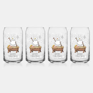 Merry Christmas Nativity Baby Jesus Snowman Can Glass
