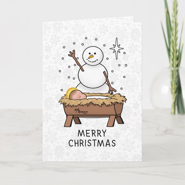Merry Christmas Nativity Baby Jesus Snowman Card (Front)