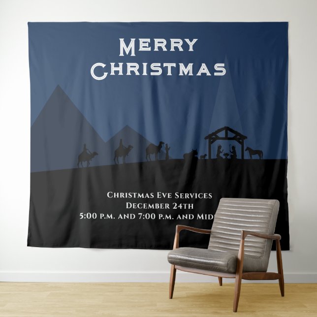 Merry Christmas Nativity Banner Backdrop Tapestry (In Situ (Horizontal))