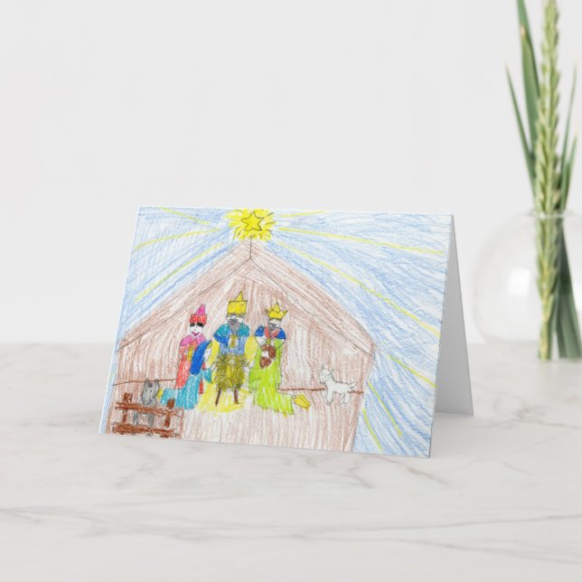 Merry Christmas Nativity Coloured Pencil Drawing Holiday Card (Front)