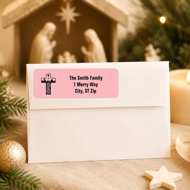 Merry Christmas Nativity Cross Pink Return Address Label (Creator Uploaded)