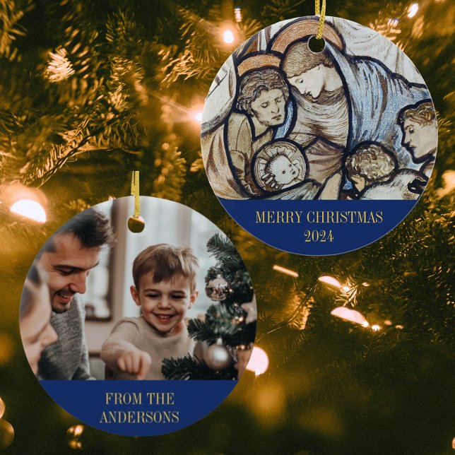 Merry Christmas Nativity Religious Christian Photo Ceramic Ornament (Modern Elegant Blue Merry Christmas Nativity Scene Religious Christian Catholic Photo Ornament)