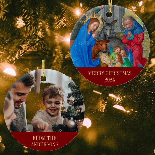 Merry Christmas Nativity Religious Christian Photo Ceramic Ornament (Merry Christmas Nativity Scene Religious Christian Catholic Medieval Photo Ceramic Ornament)