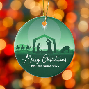 Merry Christmas Nativity Scene Green Religious Ceramic Ornament