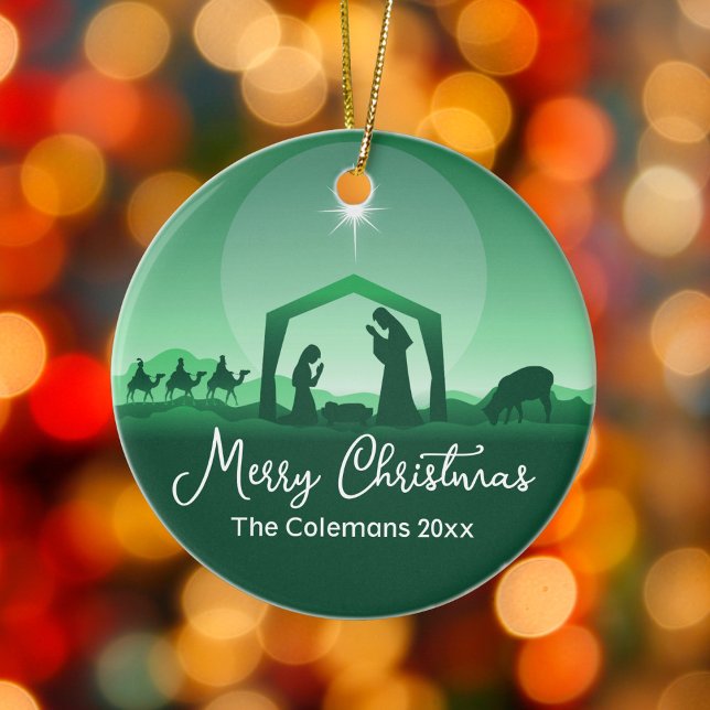 Merry Christmas Nativity Scene Green Religious Ceramic Ornament (Creator Uploaded)