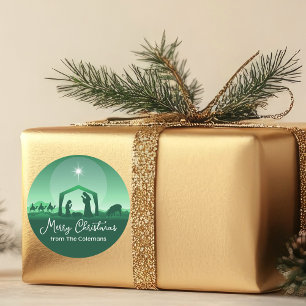 Merry Christmas Nativity Scene Green Religious Classic Round Sticker
