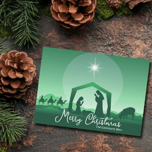 Merry Christmas Nativity Scene Green Religious Holiday Card