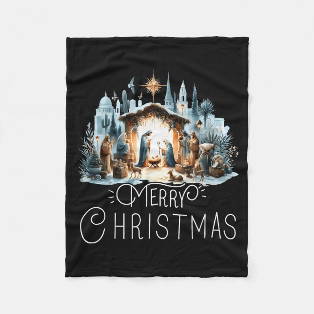 Merry Christmas Nativity Scene North Star Baby Jes Fleece Blanket (Front)
