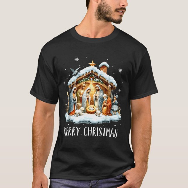 Merry Christmas Nativity Scene North Star Baby Jes T-Shirt (Front)