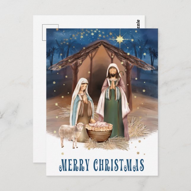 Merry Christmas. Nativity Scene Painting Holiday Postcard (Front/Back)