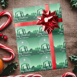 Merry Christmas Nativity Scene Personalized Green Wrapping Paper
