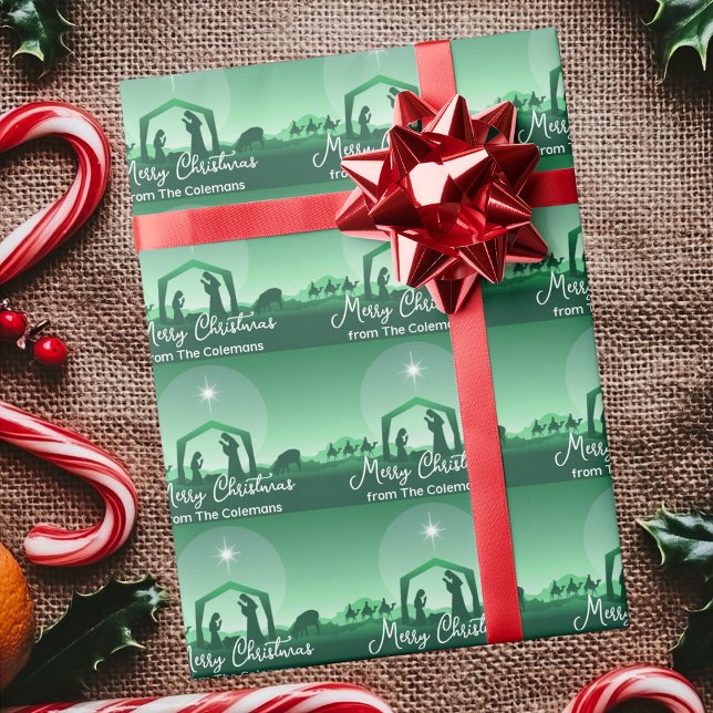 Merry Christmas Nativity Scene Personalized Green Wrapping Paper (Creator Uploaded)