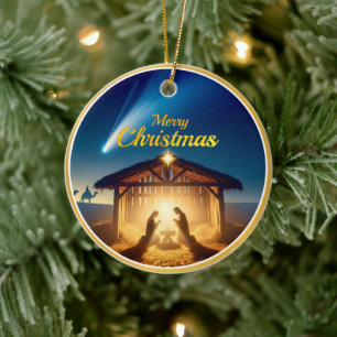 Merry Christmas Nativity Scene Star Blue & Gold Ceramic Ornament