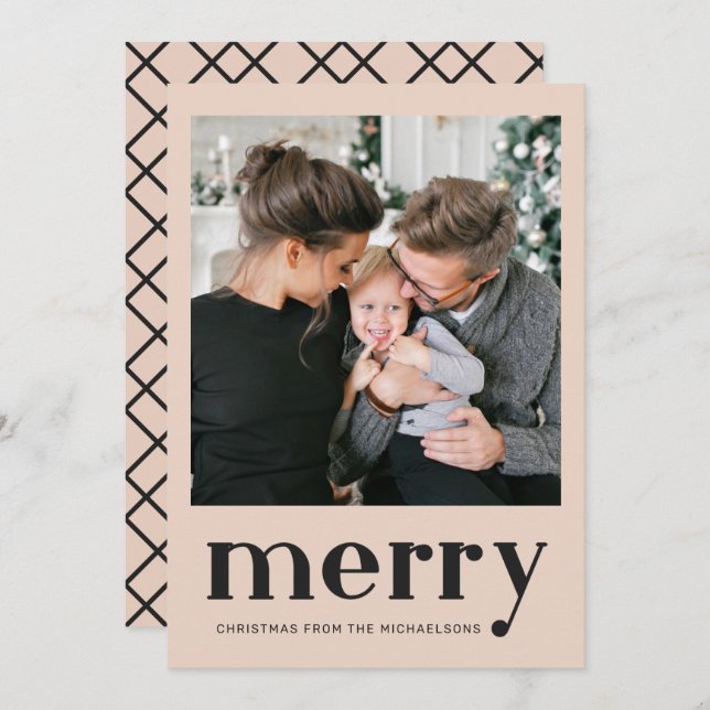 Merry Christmas Natural Plaid Check Photo Holiday Card (Front/Back)