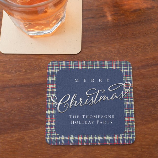Merry Christmas Navy Blue Calligraphy Script Plaid Square Paper Coaster (Merry Christmas navy blue plaid pattern paper coaster)