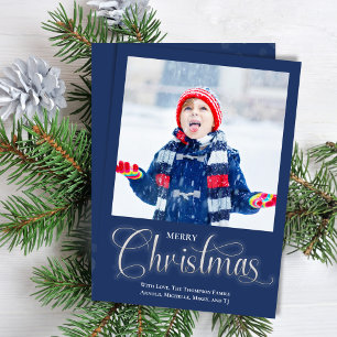 Merry Christmas Navy Blue One Photo Script Holiday Card