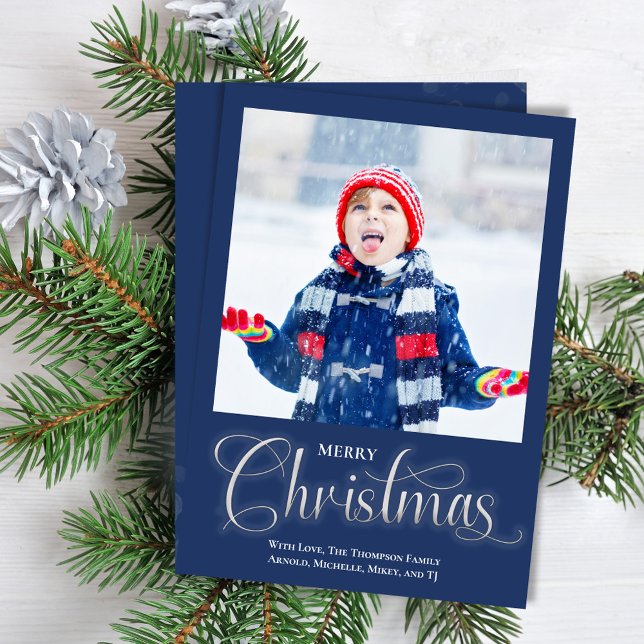 Merry Christmas Navy Blue One Photo Script Holiday Card (Merry Christmas holiday navy blue photo card. )