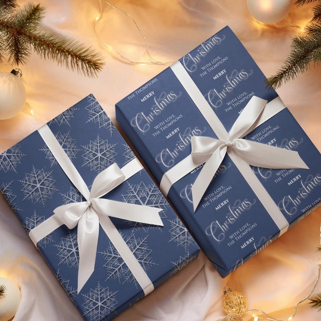 Merry Christmas Navy Blue Personalised Wrapping Paper Sheet (Merry Christmas navy blue and silver wrapping paper. )