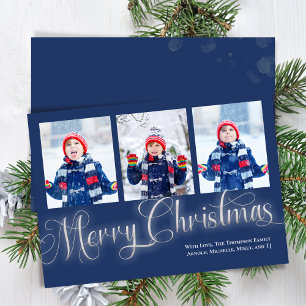 Merry Christmas Navy Blue Photo Collage Script Holiday Card
