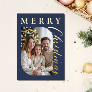 Merry Christmas Navy Blue Photo Gold Foil Holiday Card