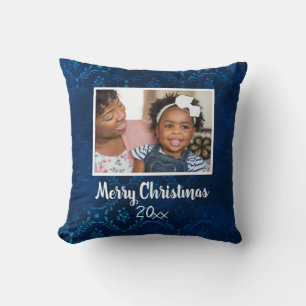 Merry Christmas Navy Blue Photo Year Cushion